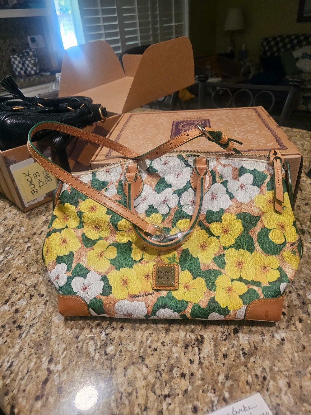 Dooney & Bourke Yellow, White and Green Floral Shoulder Bag with Tan Trim